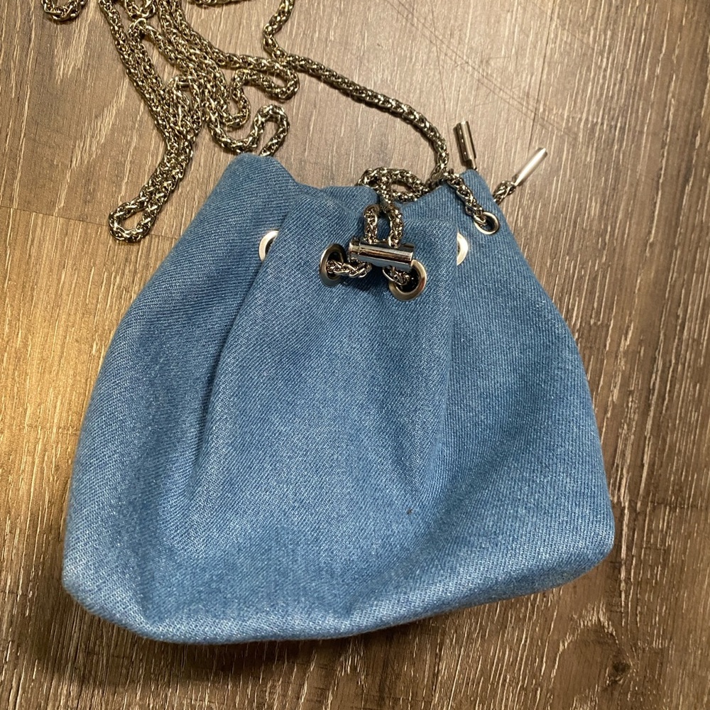 Blue Denim Drawstring Chain Bag